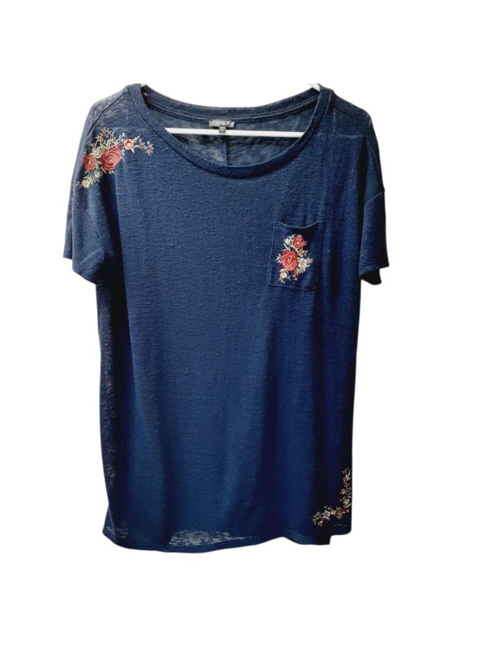 Hannah Womens Top Small Blue Floral Embroidered Round Neck Short Sleeve